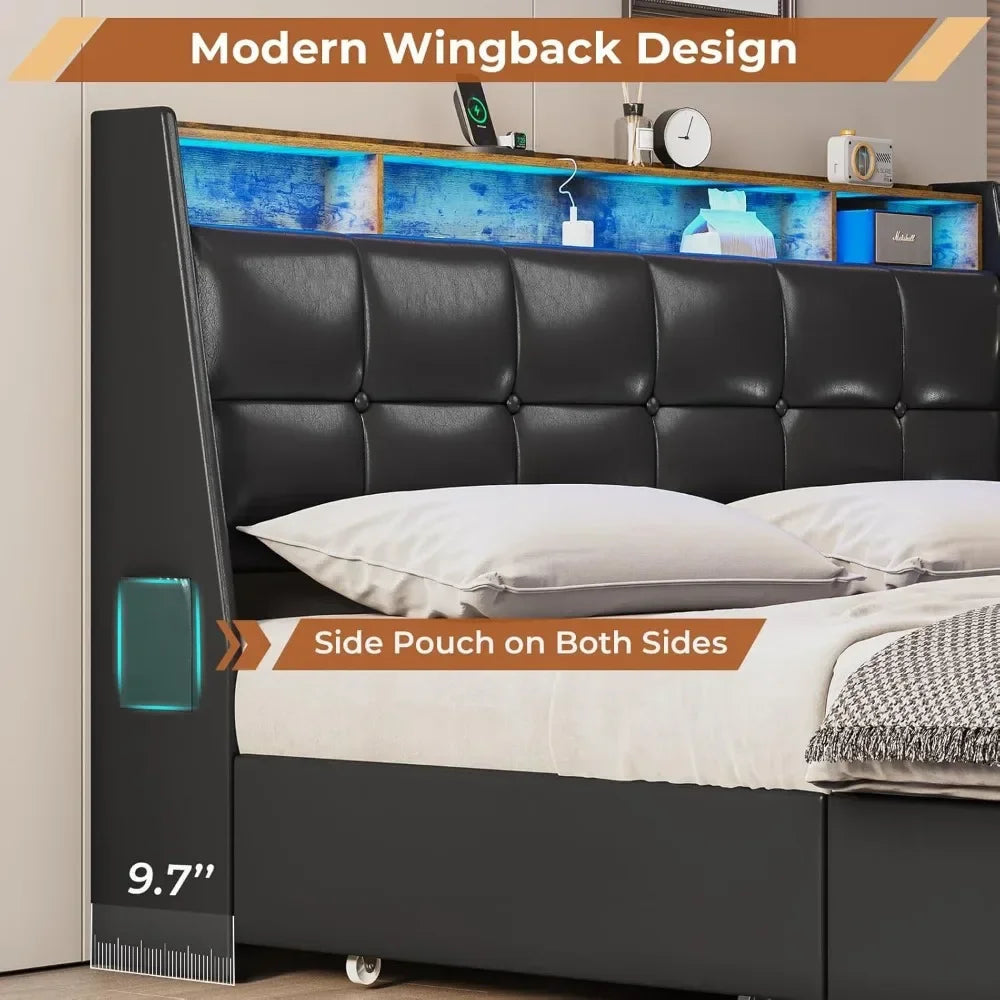 King Size Bed Frame w 4 Storage Drawers,Charging Station and LED Lights,Upholstered Bed Frame w Button Tufted Wingback Headboard Good Vibrations