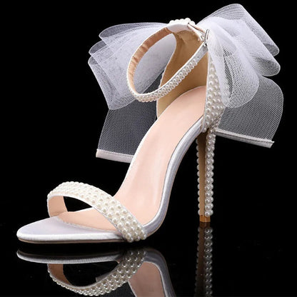 Summer New brand Fashion Bowknot Beading Women Gladiator Sandals Luxury Pearls White thin High heels Wedding Bridal Party Shoes Good Vibrations