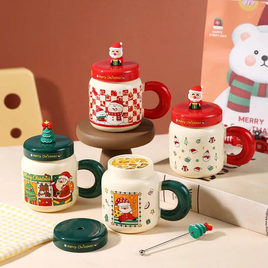 Christmas gifts: Ceramic cups with LIDS, spoons, cartoon mugs, high appearance level, creative New Year gifts and souvenirs Good Vibrations