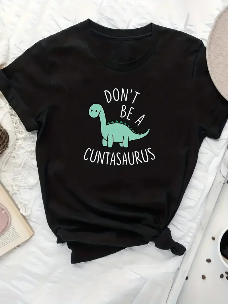 Plus Size Casual T-shirt Women's Plus Cute Dinosaur & Slogan Print Short Sleeve Round Neck Slight Stretch Tee Good Vibrations