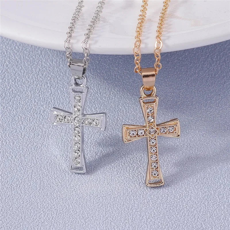 Fashion Cross Necklace for Women Men Gold Silver Color Dazzling Crystal Jesus Crucifix Necklace Christian Jewelry Wholesale Good Vibrations