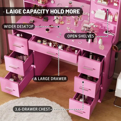 Vanity Desk with Mirror, LED Lights and Power Outlet Makeup Vanity Table with 7 Drawers and 6 Storage Shelves Dressing Table fo Good Vibrations