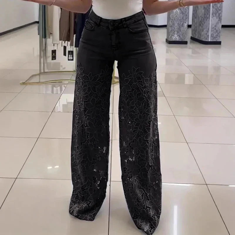 Ladies Sexy Lace Hollowed Out Jeans Summer Retro Solid Color Wide Leg Pant 2025 Casual Crochet Spliced High Waist Trousers New Good Vibrations