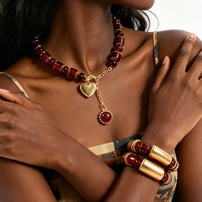 Women's Amber Tone Beaded Jewelry Set with Gold Tone Charms - Statement Necklace And Stackable Bracelets for Everyday Use Good Vibrations