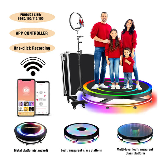 360 Photo Booth Machine 80-100cm with RGB Ring Light, Free Logo, rotating 360 Video Photo Booth for 1-5 People with Flight Case Good Vibrations