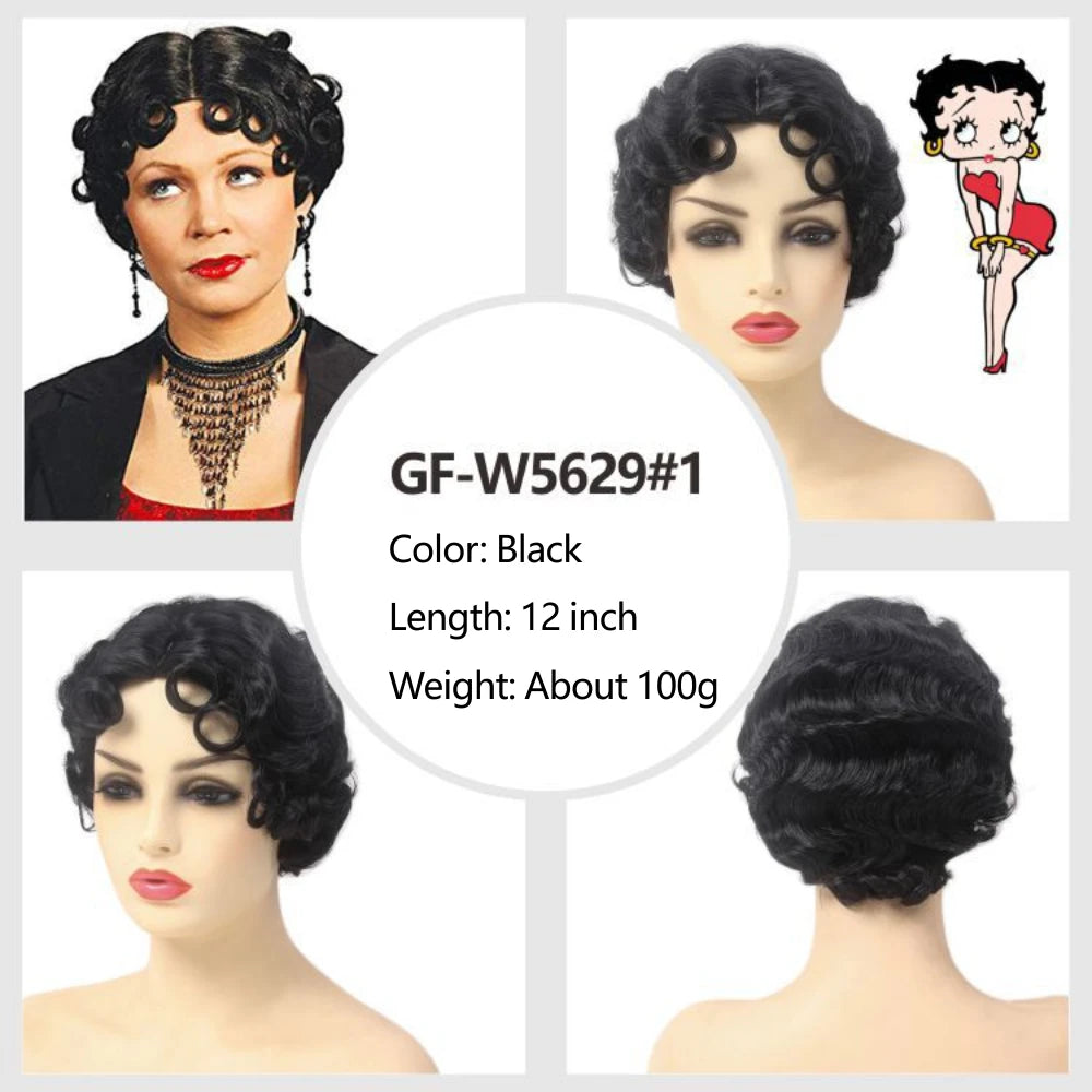 REEWES Short Curly Finger Wave Wigs With Oblique Bangs 1920s Retro Wavy Cosplay Costume Wig Classy Vintage Wavy Style For Women Good Vibrations