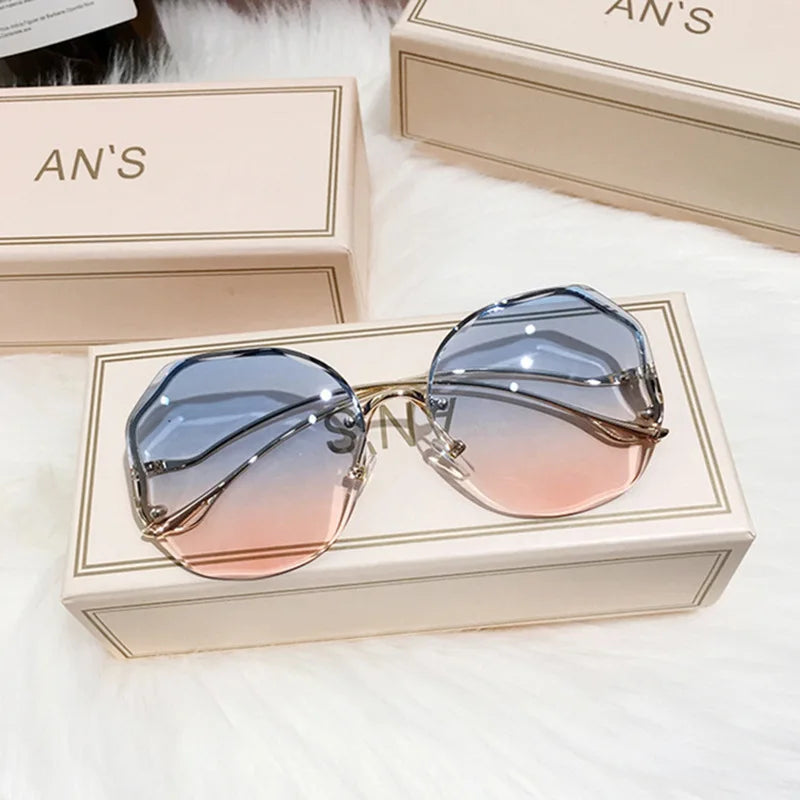 Rimless Sunglasses Polygon Fashion Popular Women Men Shades Big Frame Round Sun Glasses for Female Oculos Gradient Sunglasses Good Vibrations
