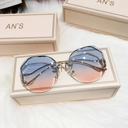 Rimless Sunglasses Polygon Fashion Popular Women Men Shades Big Frame Round Sun Glasses for Female Oculos Gradient Sunglasses Good Vibrations