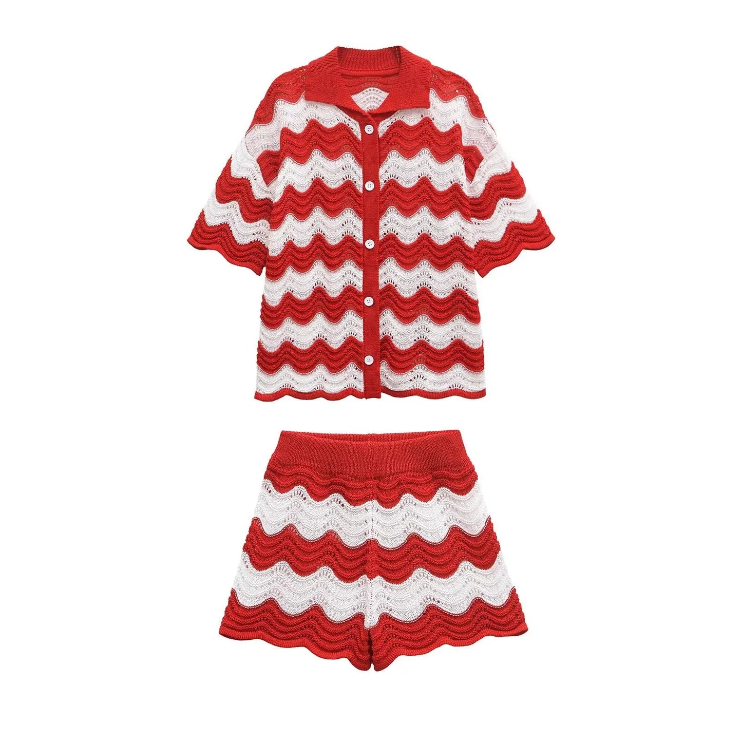 Women Temperament Single Breasted Short Sleeve Top Two Piece Set Fashion Sweet Turn-down Collar Knitted Top Sets Shorts Good Vibrations