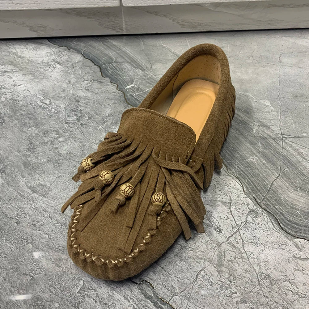 Women Flat Shoes Plus Size Casual Female Mullers Leather Women Loafers Fashion Tassels Designer Women Shoes Good Vibrations
