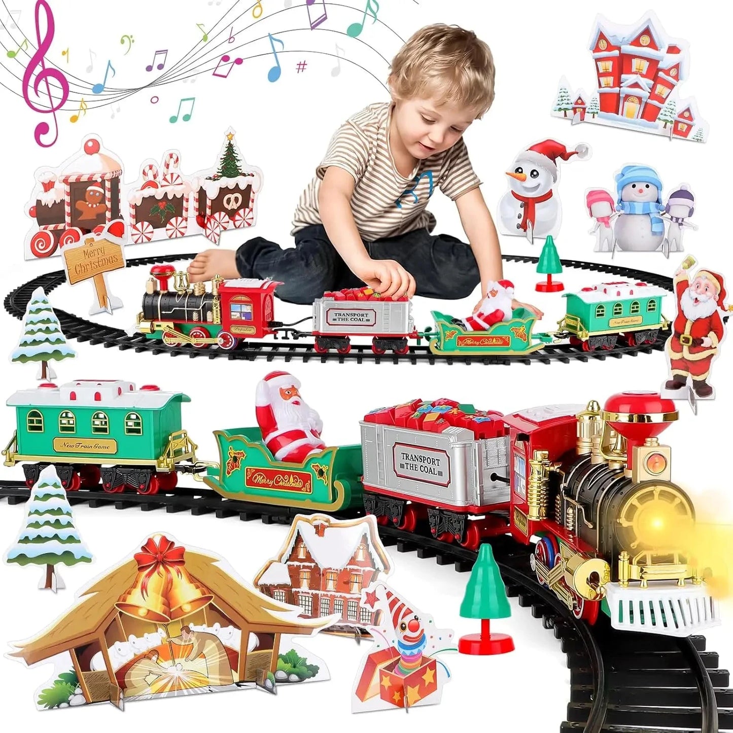 Christmas Tree Train Set - Electric Locomotive with Lights & Sounds for Toddlers, Complete Track & Carriages Holiday Decor Good Vibrations