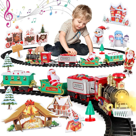Christmas Tree Train Set - Electric Locomotive with Lights & Sounds for Toddlers, Complete Track & Carriages Holiday Decor Good Vibrations