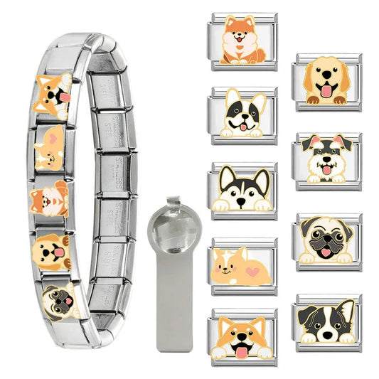 Cartoon Charm Teddy Corgi Shiba Inu Pet Dog Italian Charm Links Fit 9mm Bracelet Stainless Steel DIY Jewelry Making Wholesale Good Vibrations