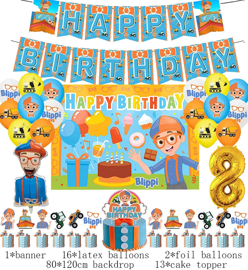 New Blippiing Birthday Party Decoration Foil Balloon Backdrop Banner Cake Topper Baby Birthday Party Supplies Good Vibrations