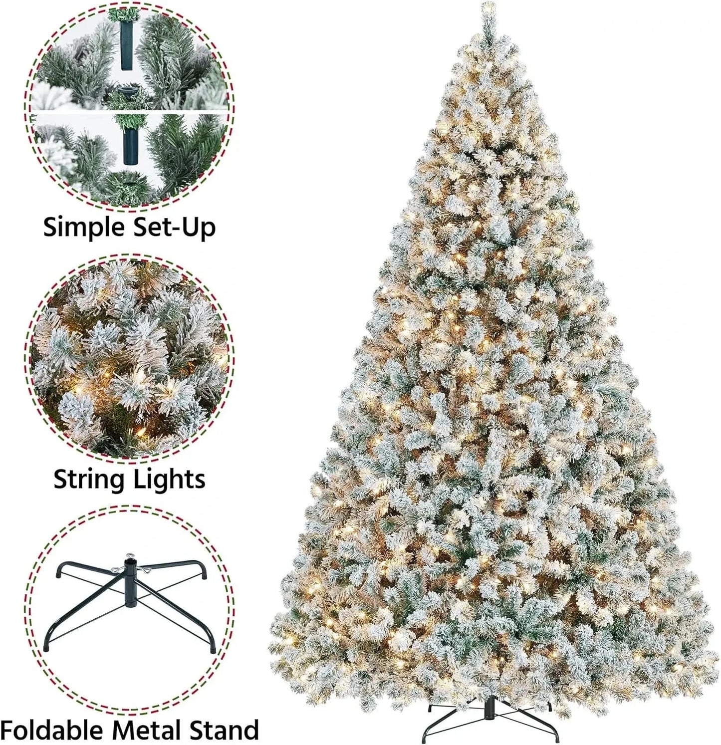 5 to 10ft Artificial Christmas Tree , Snow Flocked Full Prelighted Xmas Tree with 2084 Branch Tips, 900 Incandescent Lights Good Vibrations