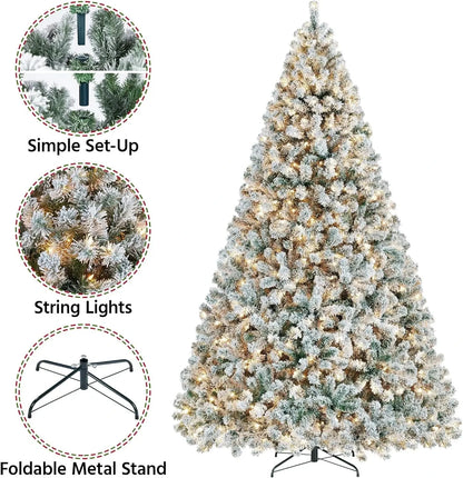 5 to 10ft Artificial Christmas Tree , Snow Flocked Full Prelighted Xmas Tree with 2084 Branch Tips, 900 Incandescent Lights Good Vibrations