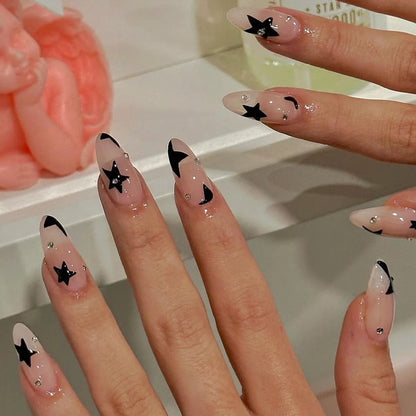 24pcs y2k Fake Nails Black White Star Printed Press on Nail Tips Long Coffin European Artificial Nail Patch for Girl Women Good Vibrations