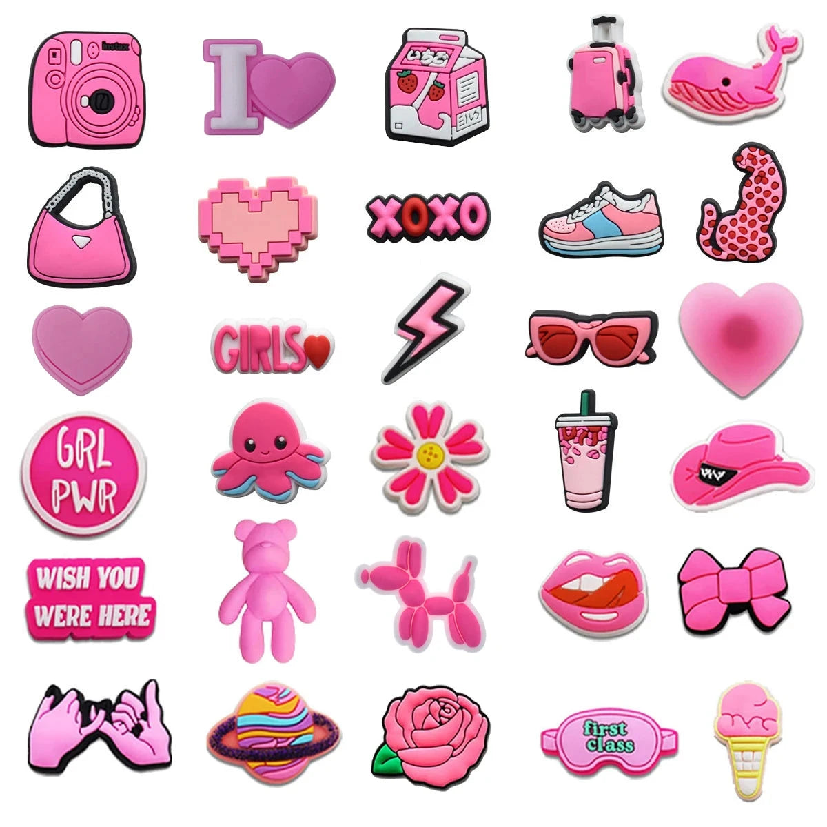 Hot Sales 1Pcs Pink Shoe Charms for Crocs Accessories Pin Shoe Wristband Croc Decorations Buckle Girls Women Party Gifts Good Vibrations