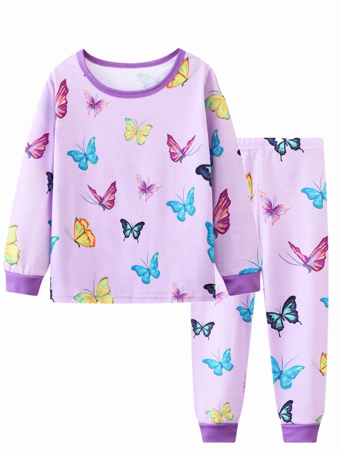 2pcs Girls Casual Cartoon Unicorn Print Crew Neck Pink Cotton Pajama Sets Good Vibrations