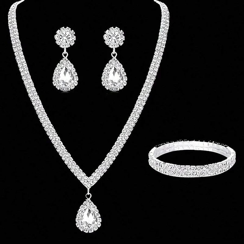 4 Pieces Luxurious Jewelry Set Exquisite Rhinestone Pendant Elegant Women's Crystal Silver Plated Necklace Earrings Bracelet Set Good Vibrations Adult Super Store
