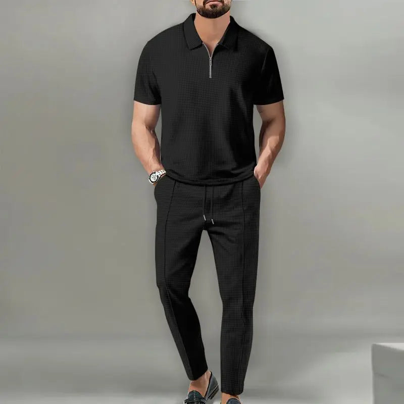 2025 Spring and Autumn New Men's Solid Color Set Lapel Short Sleeve Zipper Pants Set suits for men Good Vibrations