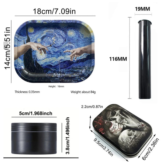 5 Packs Tobacco Metal Rolling Tray Kit 50mm Grass Grinder Crusher Smoke Herbal Set 115mm Plastic Cigar Storage Tube Container Good Vibrations Adult Super Store