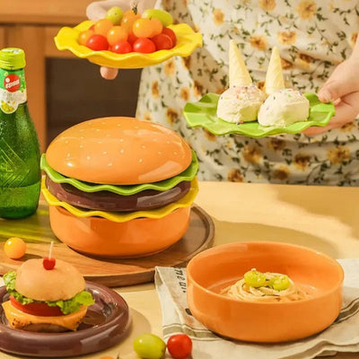 5PCS Ceramics Big Hamburger Bowl Cute Dessert Fruit Salad Plate Stackable Sushi Ramen Bowl Kitchen Accessories Dinnerware Sets