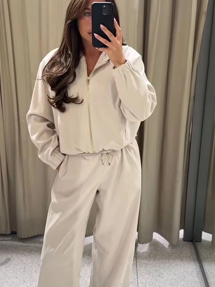 Women Casual Sweatshirt Pant Suit Long Sleeve Hooded Zipper Coats With Pocket Loose Straight Trousers Ladies Solid Sets Good Vibrations