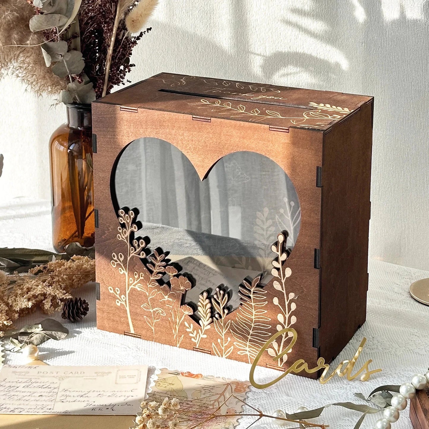 OurWarm Wedding Card Box for Party, Wooden Wedding Card Box, Rustic Wedding Card and Money Box for Wedding Decoration Birthday Good Vibrations