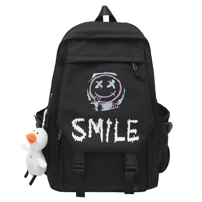 Pocket Front Backpack, Preppy Style Solid Color Nylon  Bookbag, Kawaii Large Capacity Double Handle School Bag Good Vibrations