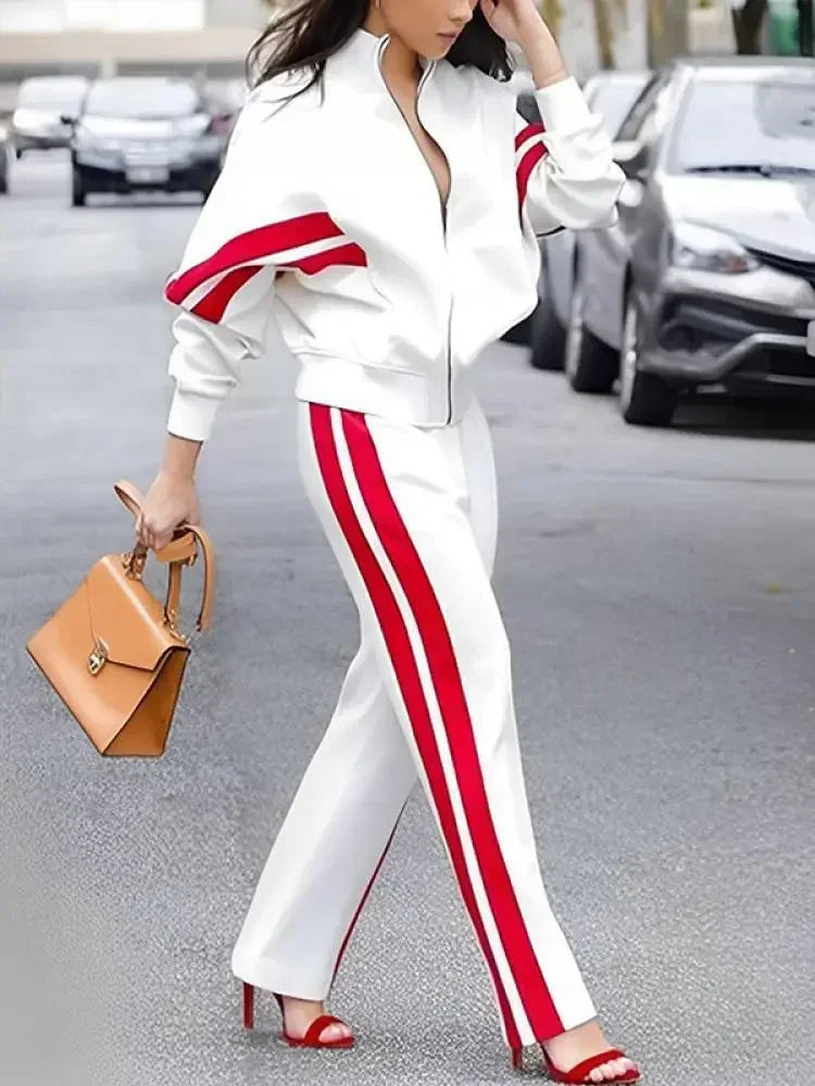 Missuoo 2024 Autumn New Side-Striped Pant Sets for Women Stand Collar Long Sleeve Jackets and High Waist Casual Straight Pants Good Vibrations