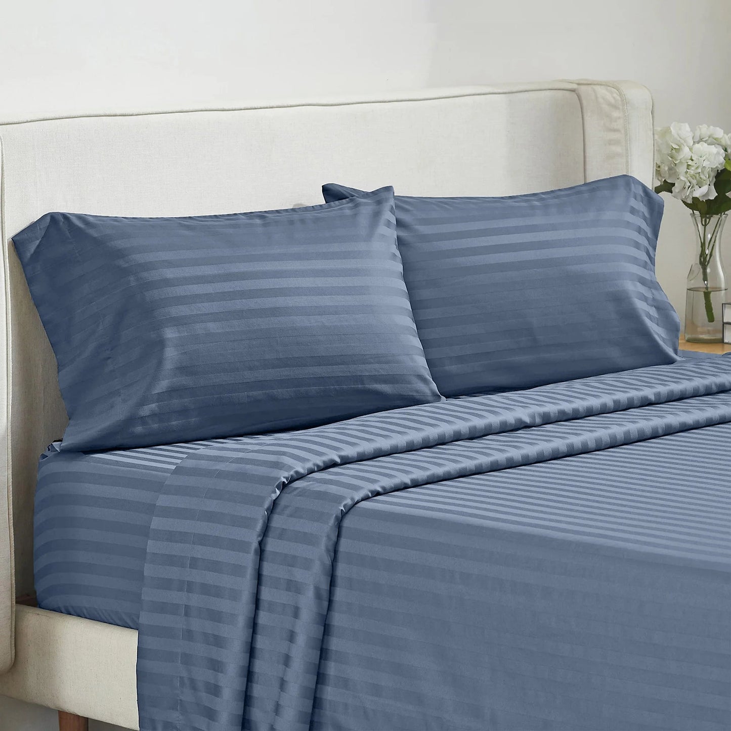 Battilo Bed Sheets 4 Pieces Set Luxury Fitted Flat Sheet with Pillowcases Solid Stripe Bedding Set For Twin Full Queen King Size Good Vibrations