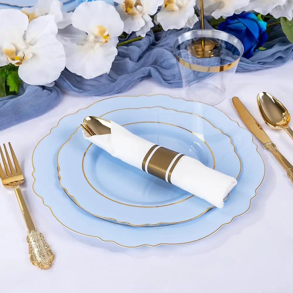 350Pcs Bule Plastic Plates - Disposable Bule And Gold Plates 50Guest Baroque Plastic Dinnerware Lude 100Plates, 50Pa Pre Rolled Good Vibrations
