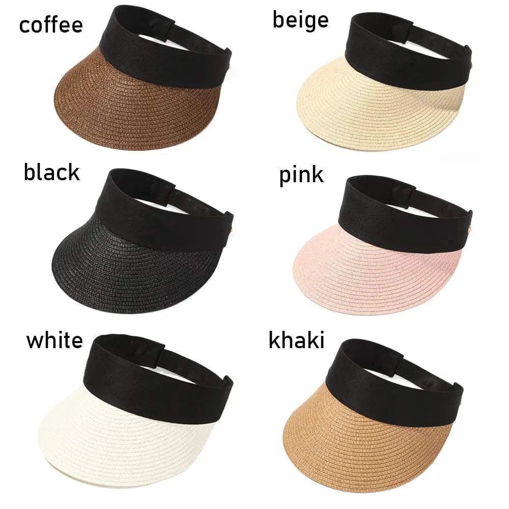 Foldable Portable Beach Hat Wide Brim Sun Hat Roll-up Summer Casual Straw Cap Visors For Women Good Vibrations