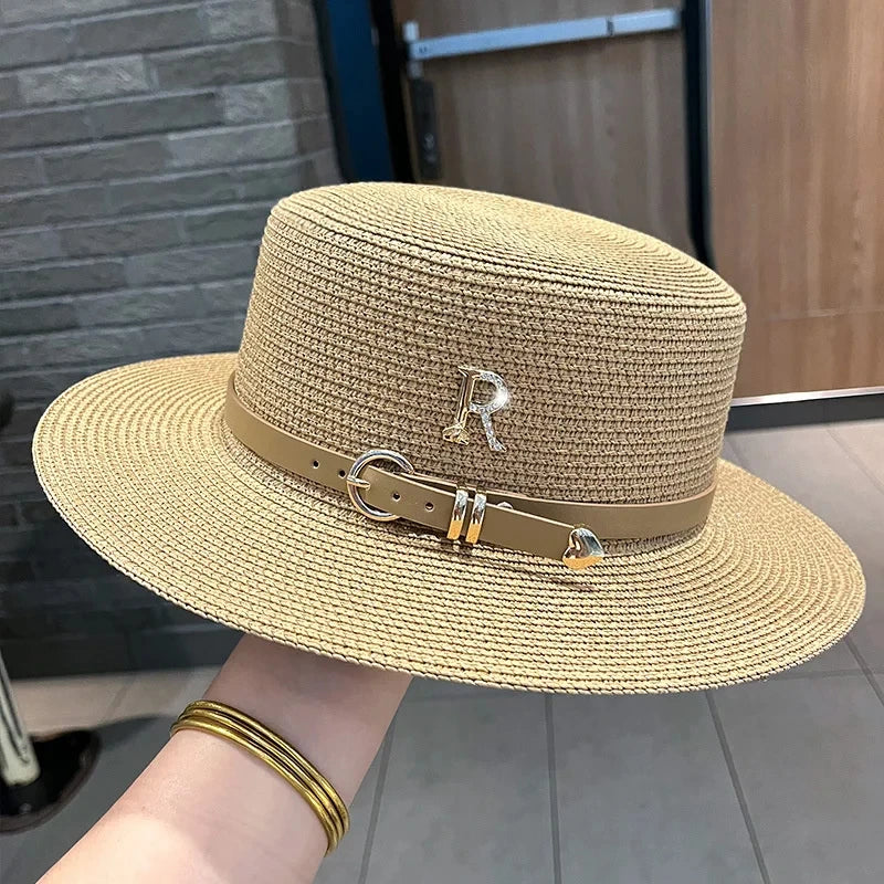 Summer Sun Hat Flat Top Straw Hats for Women New Metal R Letter Fashionable Beach Sun Hat Females Travel Holidays Boater Hat Good Vibrations