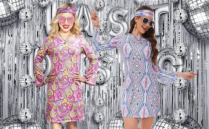 Disfraz 70s Women Disco Dress Hippie Costumes Necklace Earrings Glasses, 60's 70's Birthday Outfits, 1970s Prom Bling Dress Good Vibrations