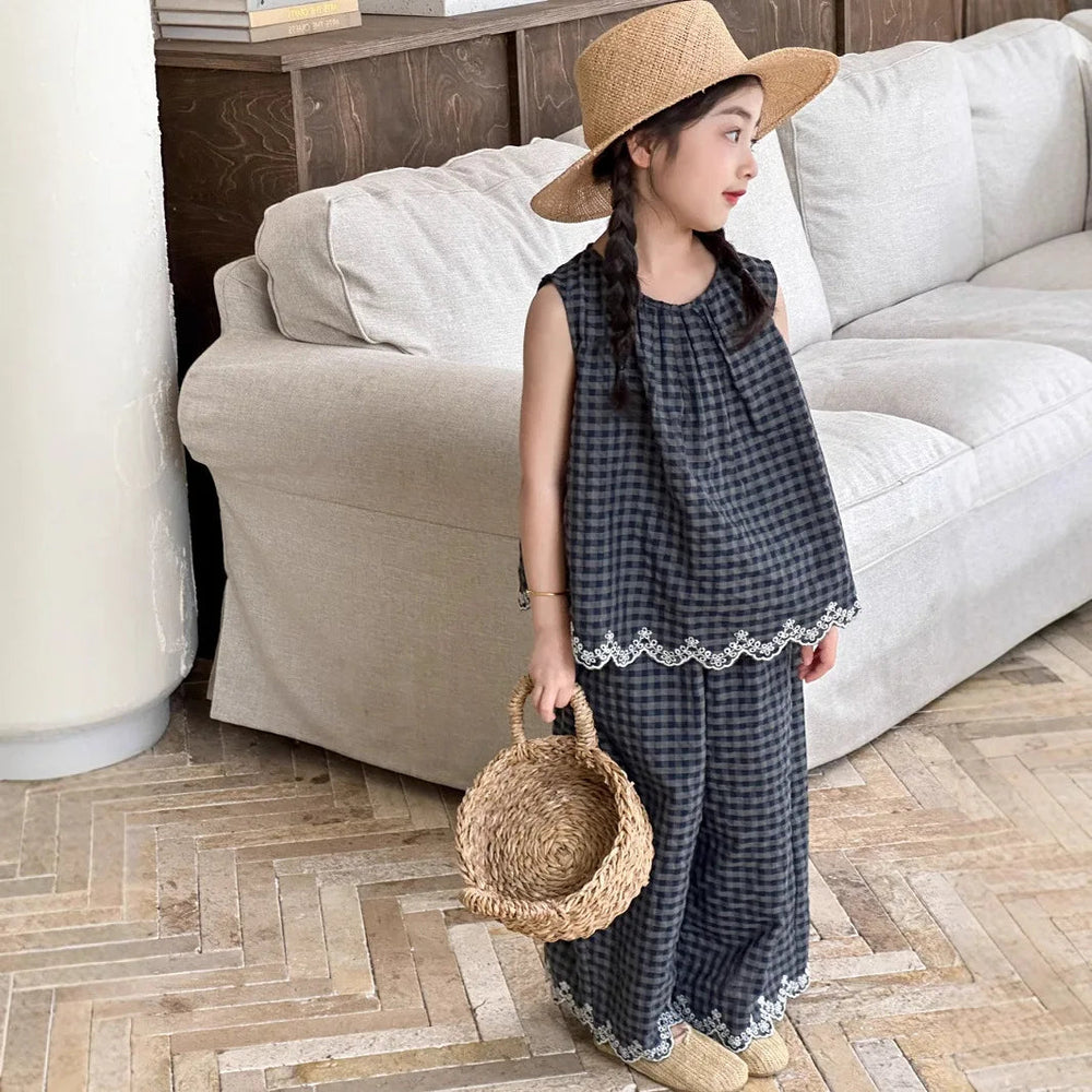 Girls' Summer Outfit New Kids Temperament Plaid Lace Vest+Wide Leg Pants Two-piece Set Trendy Children's Clothing Sets Good Vibrations
