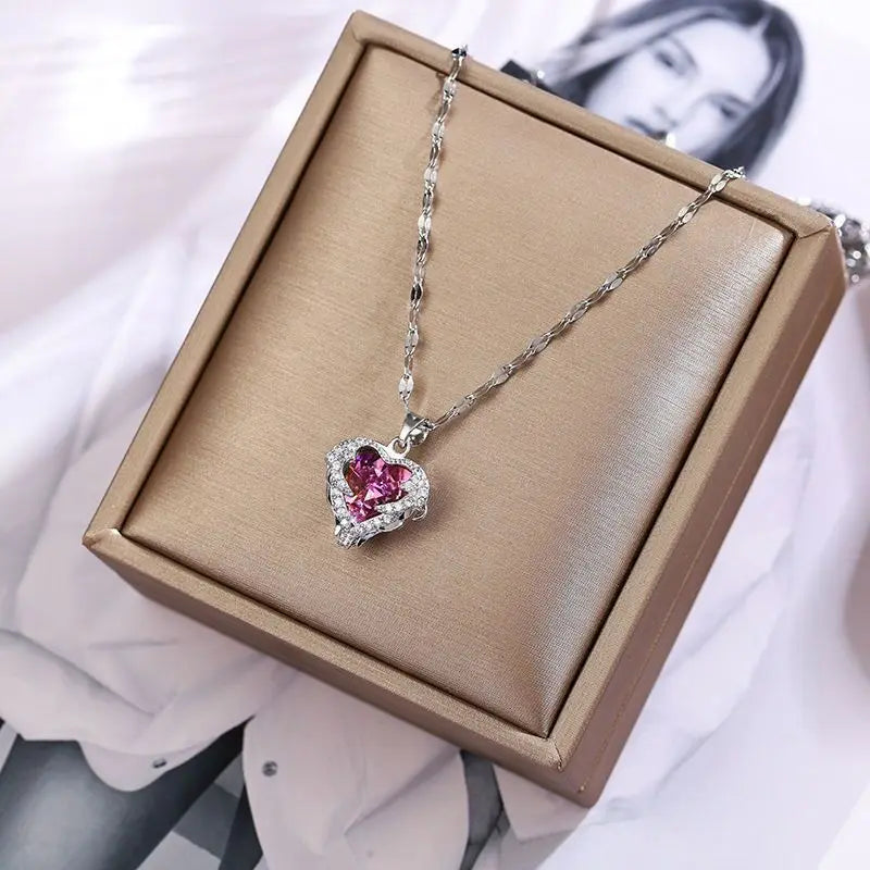 Top Luxury Colorful Crystal Ocean Heart Pendant Necklace For Women Trendy 316L Stainless Steel Jewelry Female Wedding Neck Chain Good Vibrations