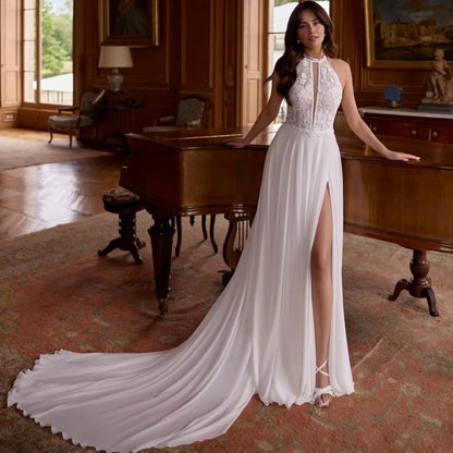 Halter Wedding Dress Customized Sleeveless Bohemian Lace High Split Open Back Court Train Beach Bridal Gown for Woman Good Vibrations
