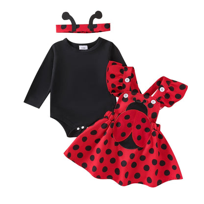 FOCUSNORM 3pcs Lovely Baby Girls Autumn Clothes Sets Flying Sleeve Solid/Striped Romper Embroidery Suspender Dress Headband Good Vibrations