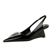Wedges Women Shoes High Heel Shallow Pointed Toe Hollow Back Straps Patent Leather Triangle Metal Crystal Buckle Pumps Good Vibrations