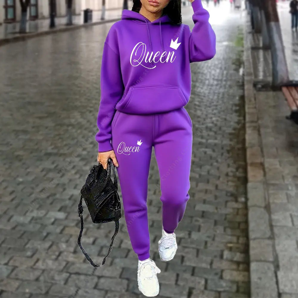 Queen Letter Graphic Print Women's Sets Hoodies Pants 2pcs Suit Autumn Winter Sports Jogging High quality Aesthetic Tracksuit Good Vibrations