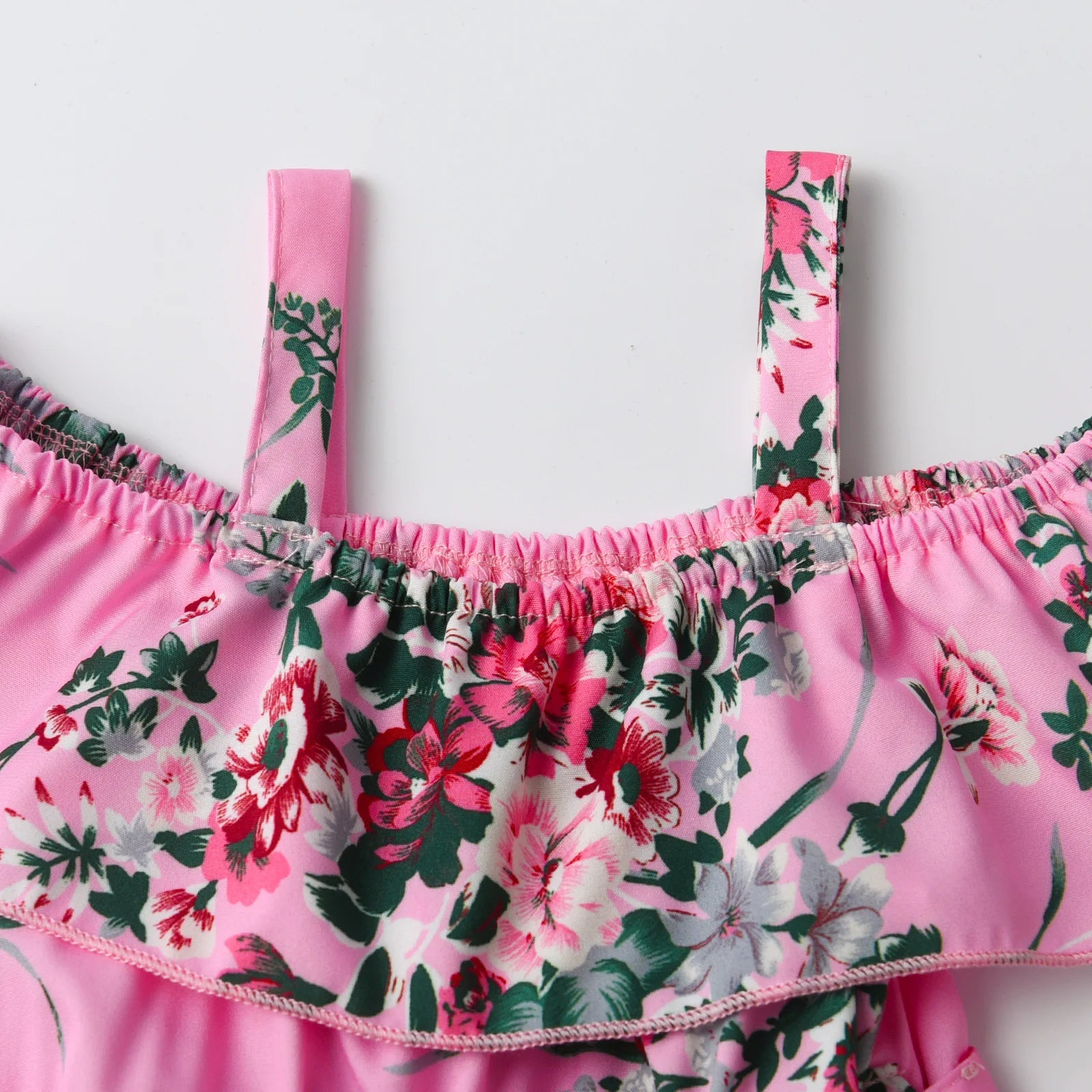 Children Clothing for Girls 1 2 3 4 5Y Kids Girls' Summer New Resort Style Floral Print Ruffled Camisole Jumpsuit with Lace-ups Good Vibrations