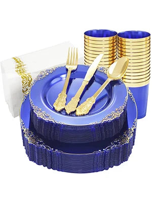 175PCS Blue Gold Plastic Plates Sets, Include 25Dinner Plates, 25Dessert Plates, 25Cups, 25Forks, 25Knives, 25Spoons, 25Napkins Good Vibrations