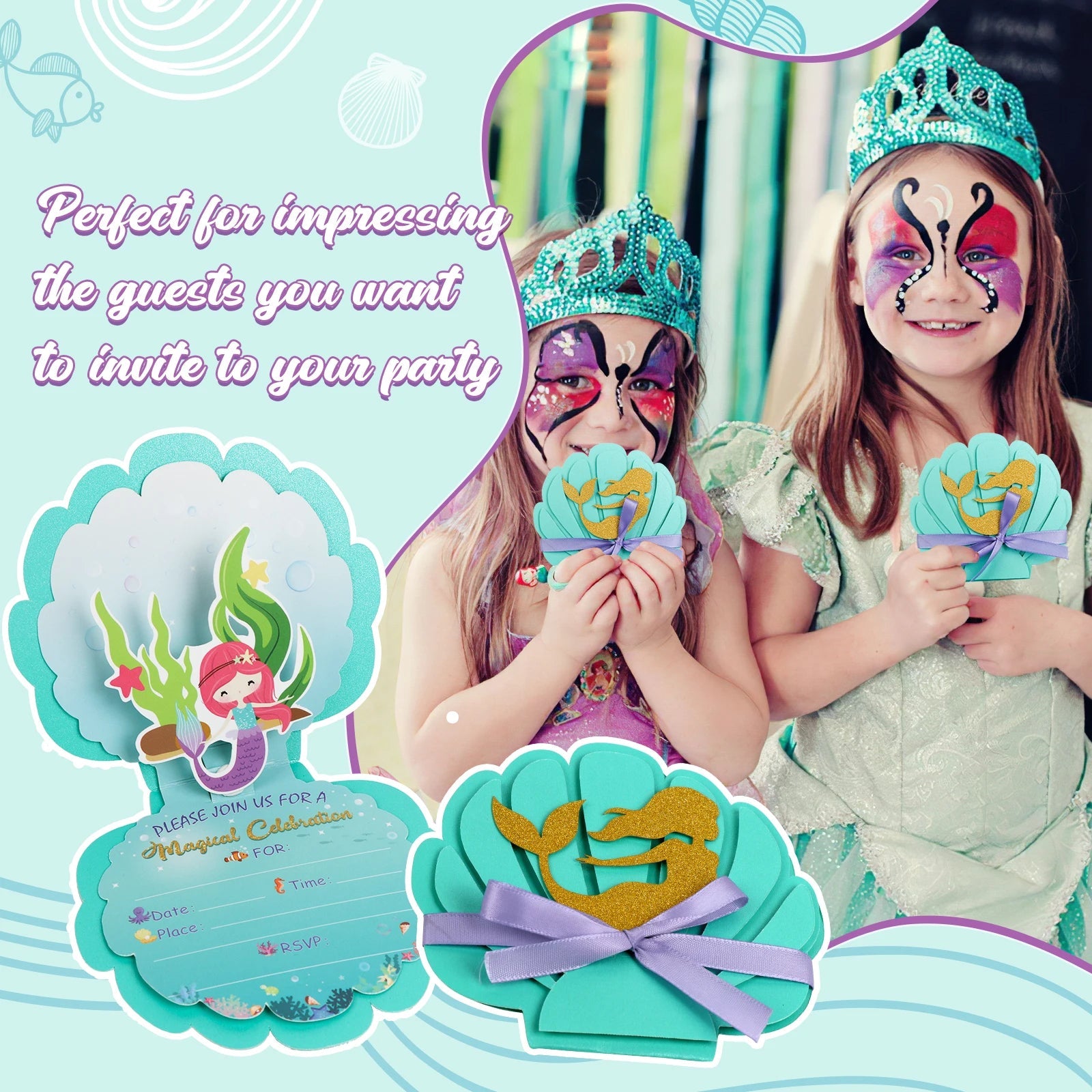 6Pcs Mermaid Party Invitations Pearlescent Mermaid Birthday Party Supplies with Envelopes for Kids Girls Birthday Wedding Decor Good Vibrations