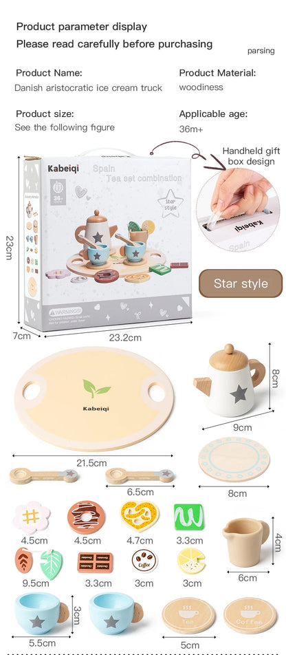 Wooden Kitchen Play Toys Kitchen Simulation Tea Set Afternoon Tea Activity Games Pretend Play Kitchen Accessories Toy for Kids Good Vibrations
