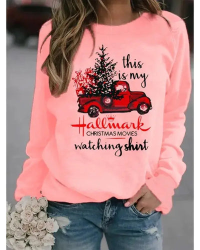 Christmas Tree Car Printed Long Sleeve Collar Loose Round Neck Hoodie Winter Autumn Graphic T Shirts  Women Clothing Good Vibrations