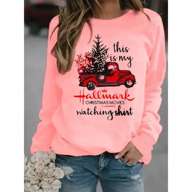 Christmas Tree Car Printed Long Sleeve Collar Loose Round Neck Hoodie Winter Autumn Graphic T Shirts  Women Clothing Good Vibrations