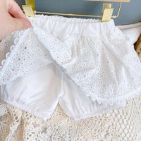 Girls 2024 Summer Clothing Sets Hollow Lace Suit Baby Casual Sleeveless T-shirt+Shorts Kids Clothing Sets Baby Clothes Outfits Good Vibrations