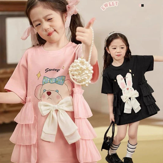 Girls Short Sleeved Dress Summer Girl long T-shirt Skirt 3-10 Years Old Fashionable Cartoon Children Clothing Good Vibrations